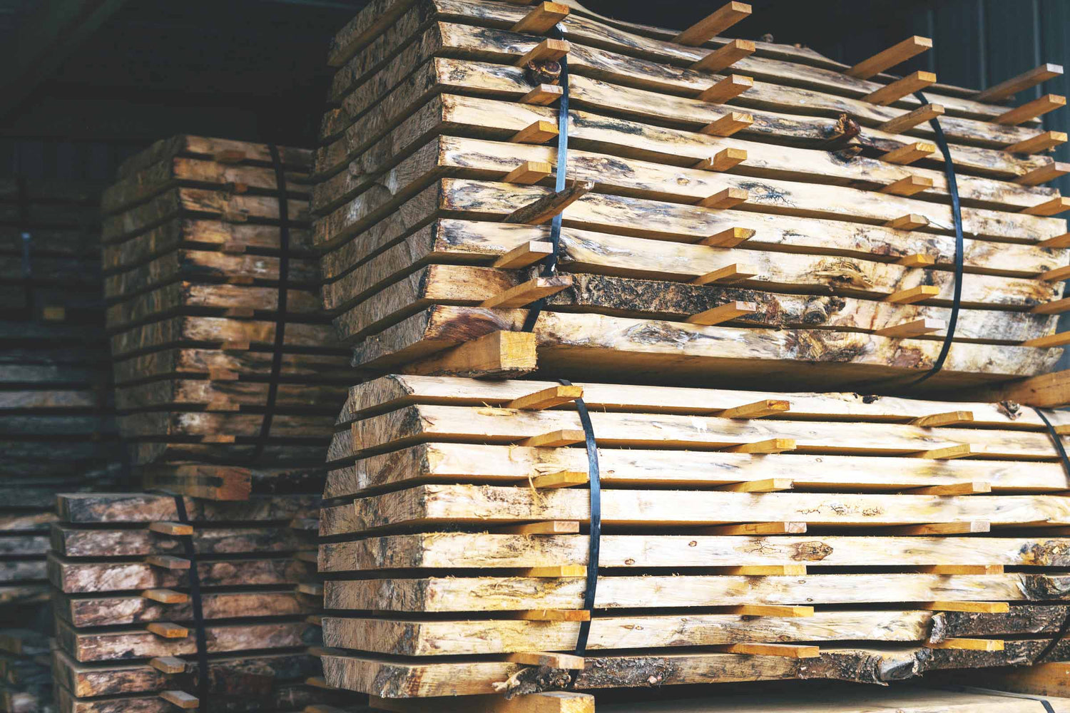 wood slabs stacked to dry 