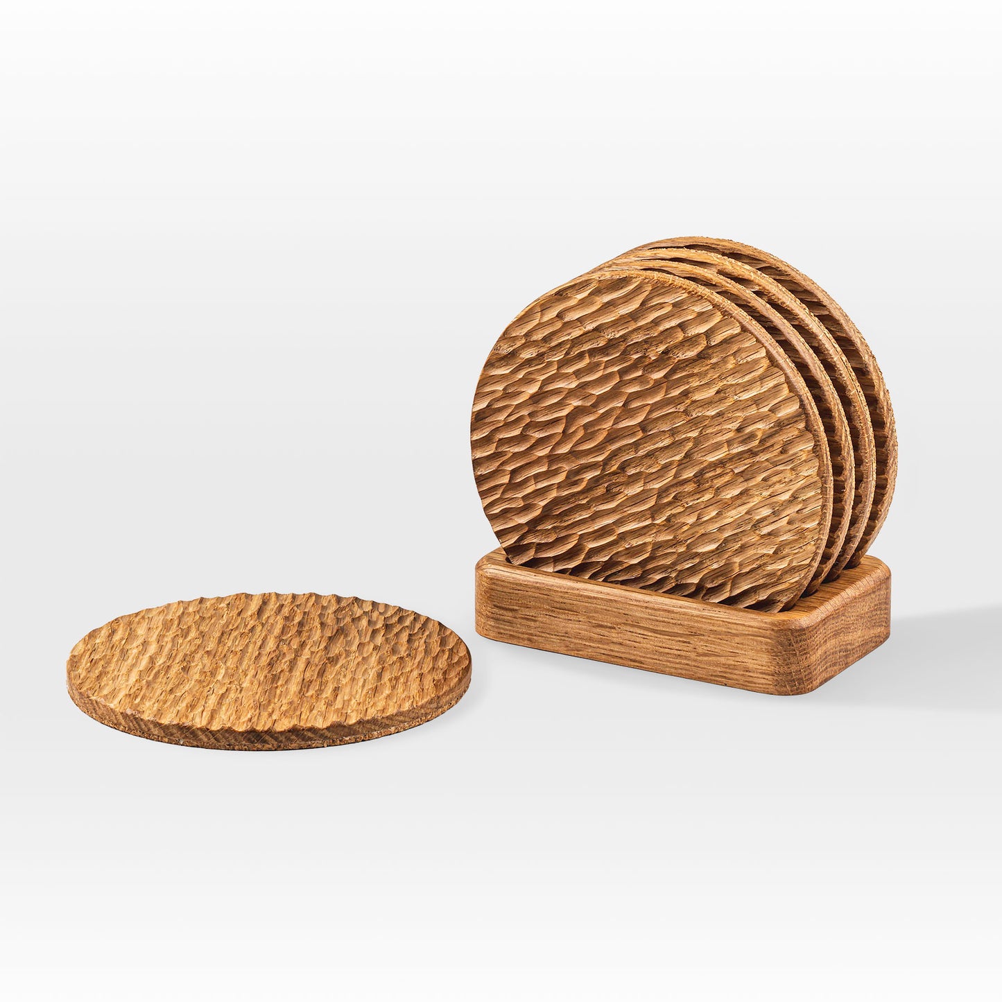 'Bark' wood coasters made from oak showing a bark resembling texture