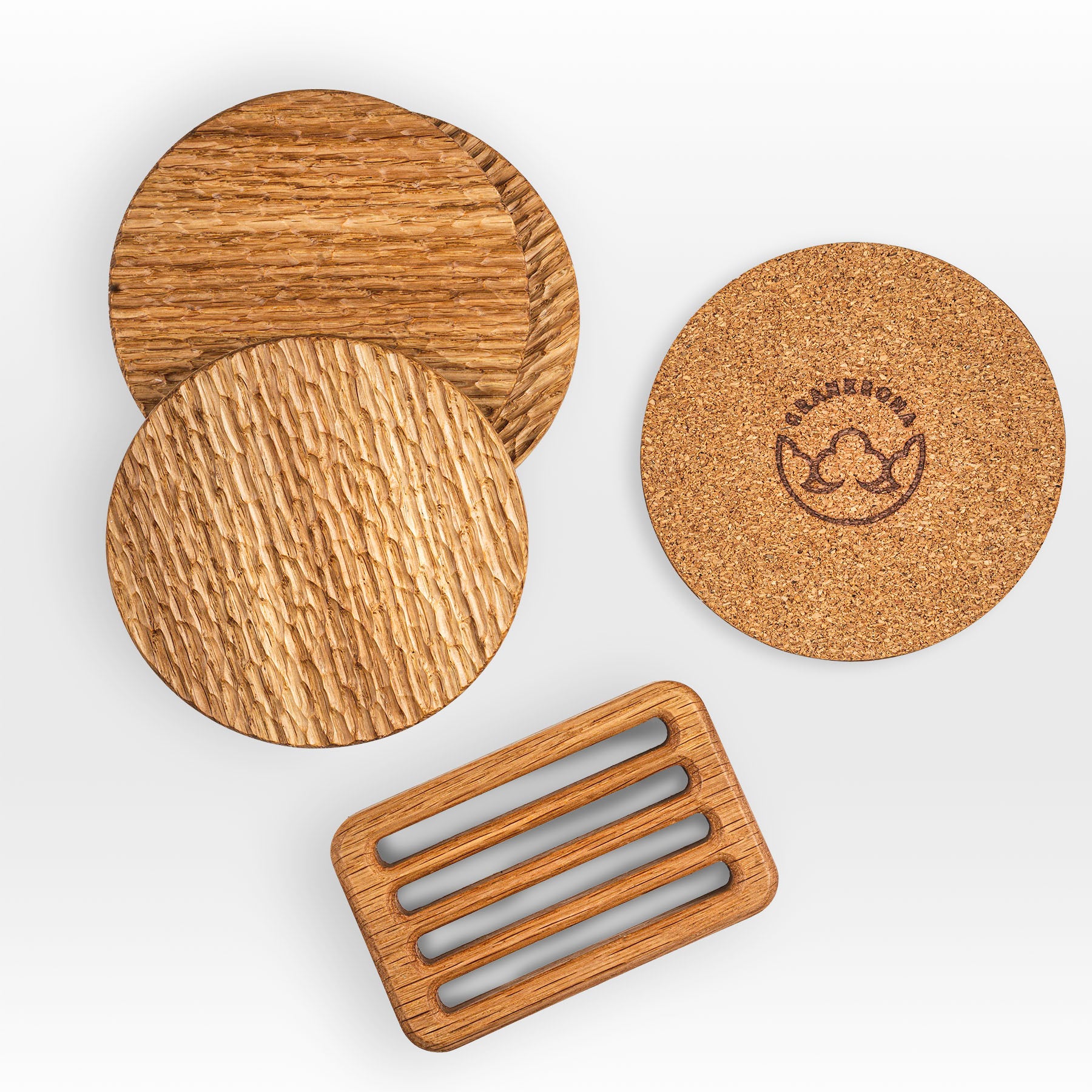 'Bark' wood coasters made from oak shown from above next to the holder
