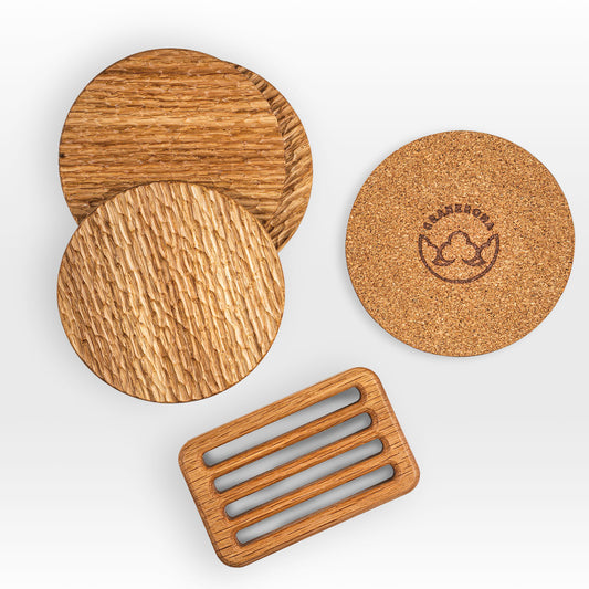 'Bark' wood coasters made from oak shown from above next to the holder